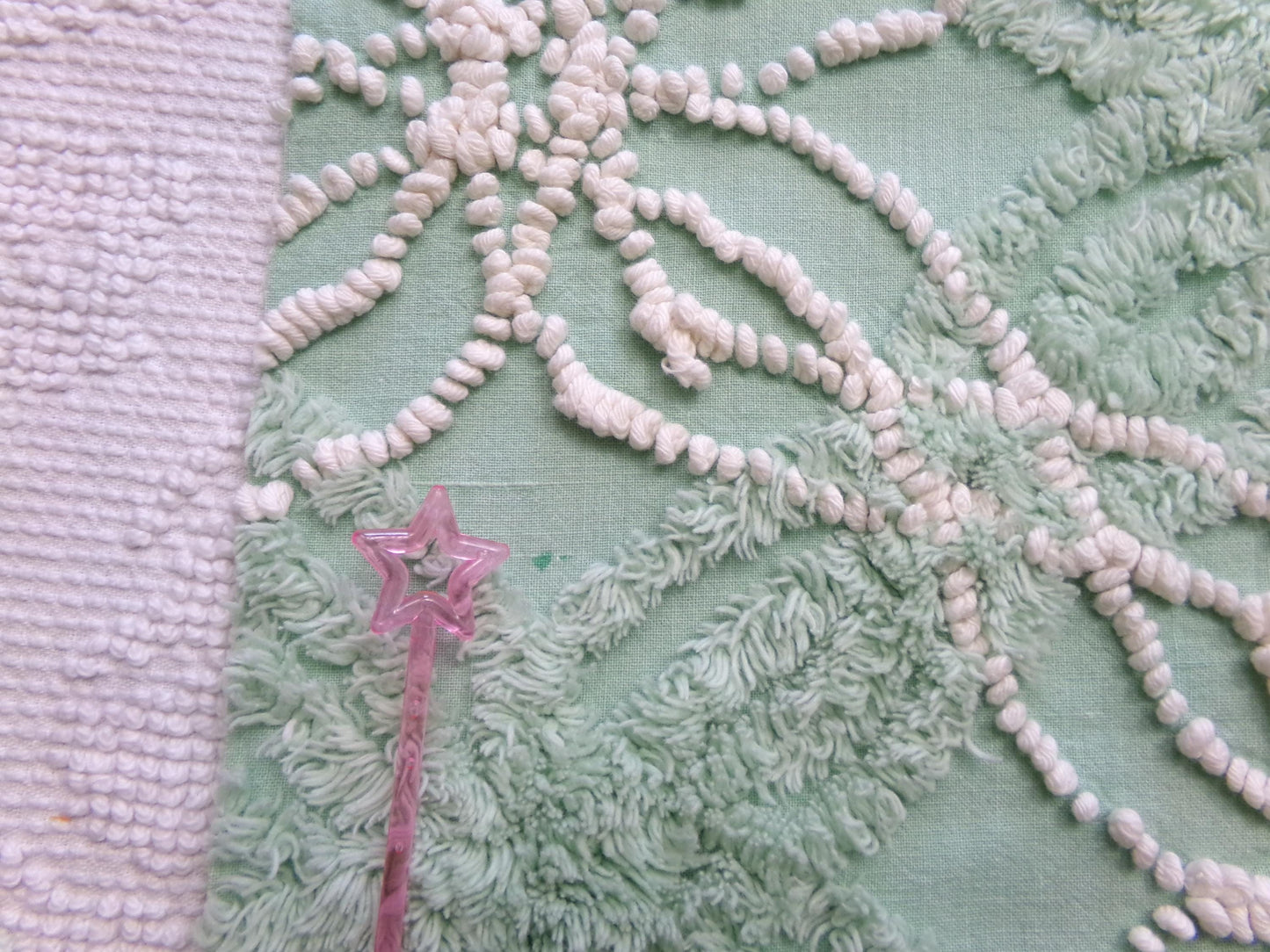 creamy jade green vintage chenille fabric: 17" x 25" piece w/ contrast spider rings for sewing, crafts