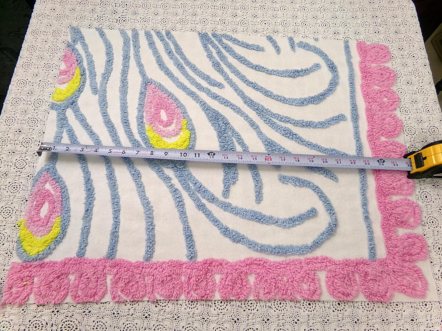 vintage style chenille bedspread fabric boho peacock feathers pink blue 19x26"