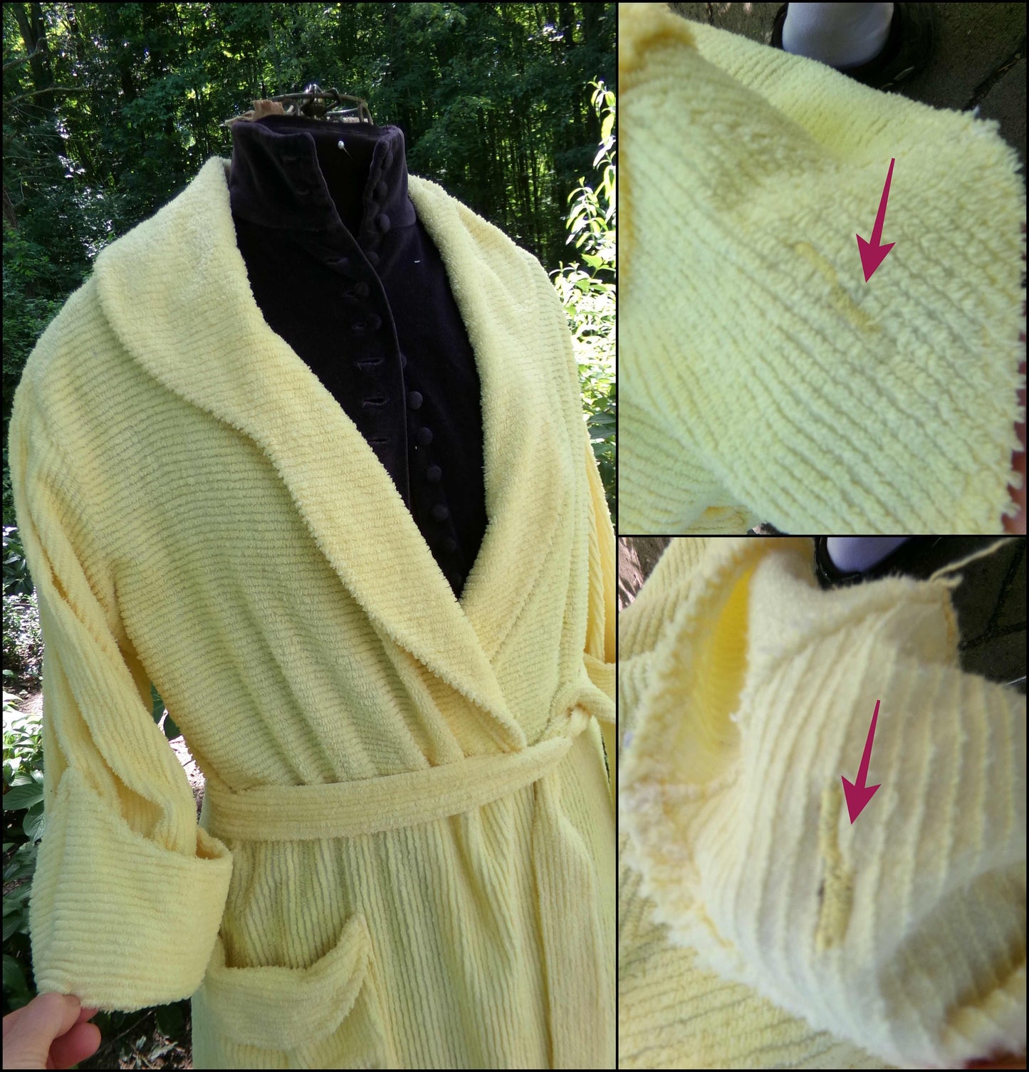 gorgeous vintage chenille robe, ladies floral tufted bathrobe in sunglow yellow, fit 'n flare, half sleeves, est size medium