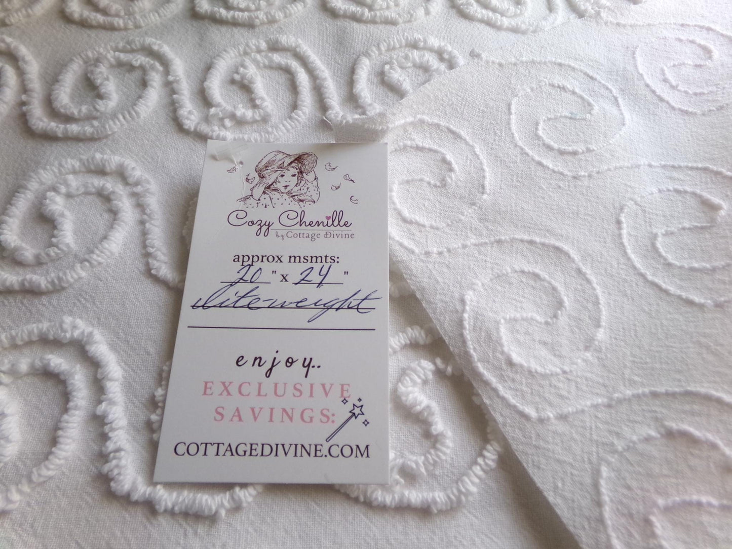 spiral curl squiggles vintage chenille fabric, ultra lightweight white cotton sewing material with great texture, 20" x 24" inch piece