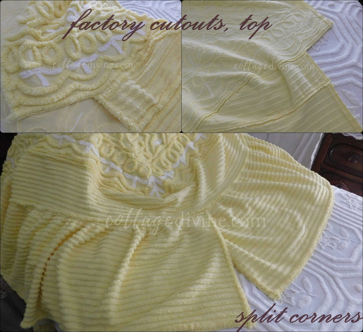 Chenille Bedding, Delicious Lemon Chiffon Vintage Chenille Bedspread, Integrated Ruffle Skirt, Fitted Full Size