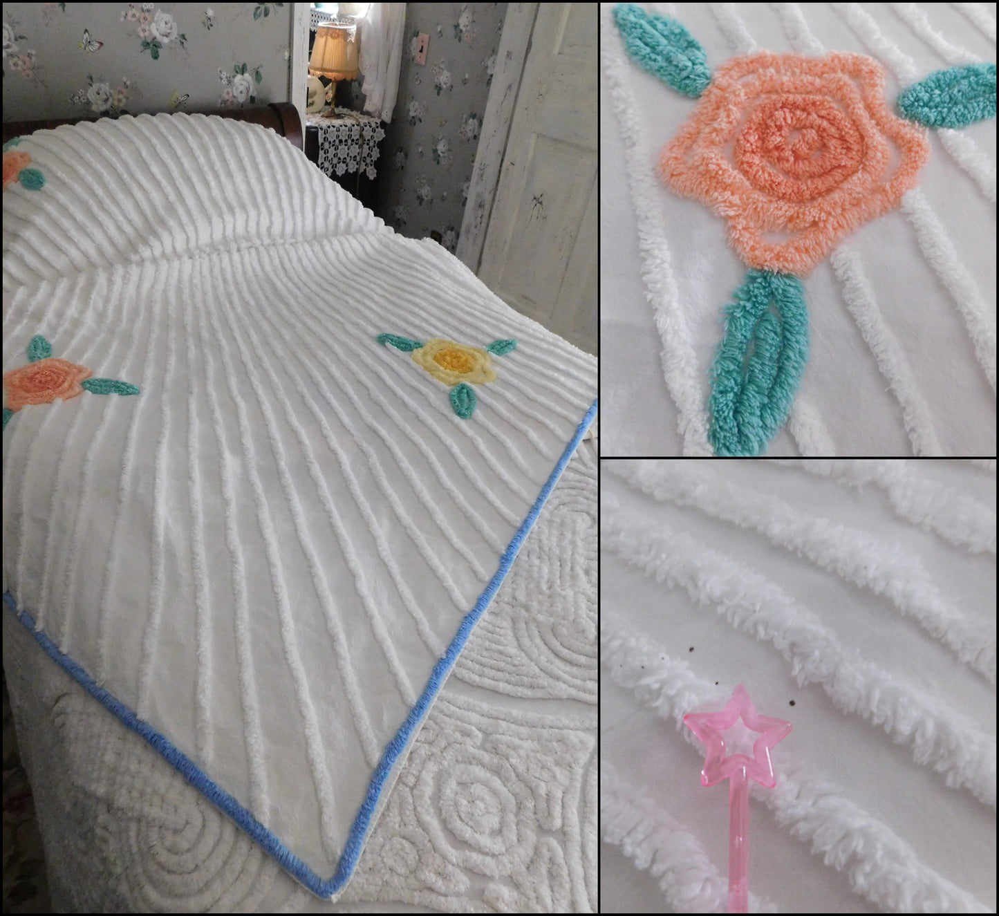 cottage style vintage chenille bedspread, spring flower basket on radiating white sunburst tufting, full size cotton bedding