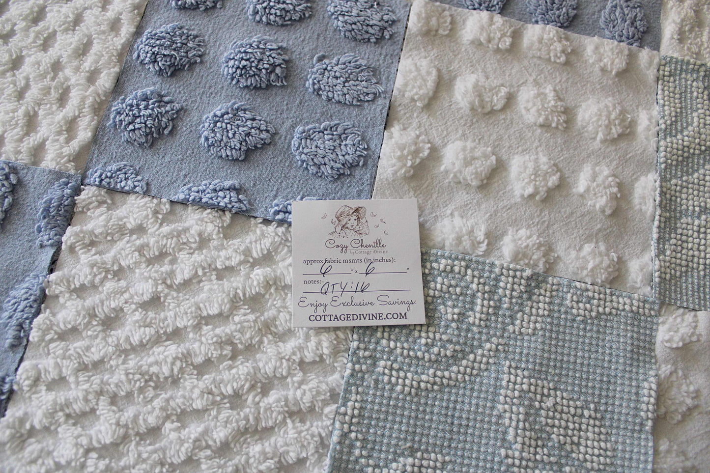 vintage chenille fabric squares, set of 16 coastal blue & white 6" quilt blocks for patchwork pillows, quilting, crafts