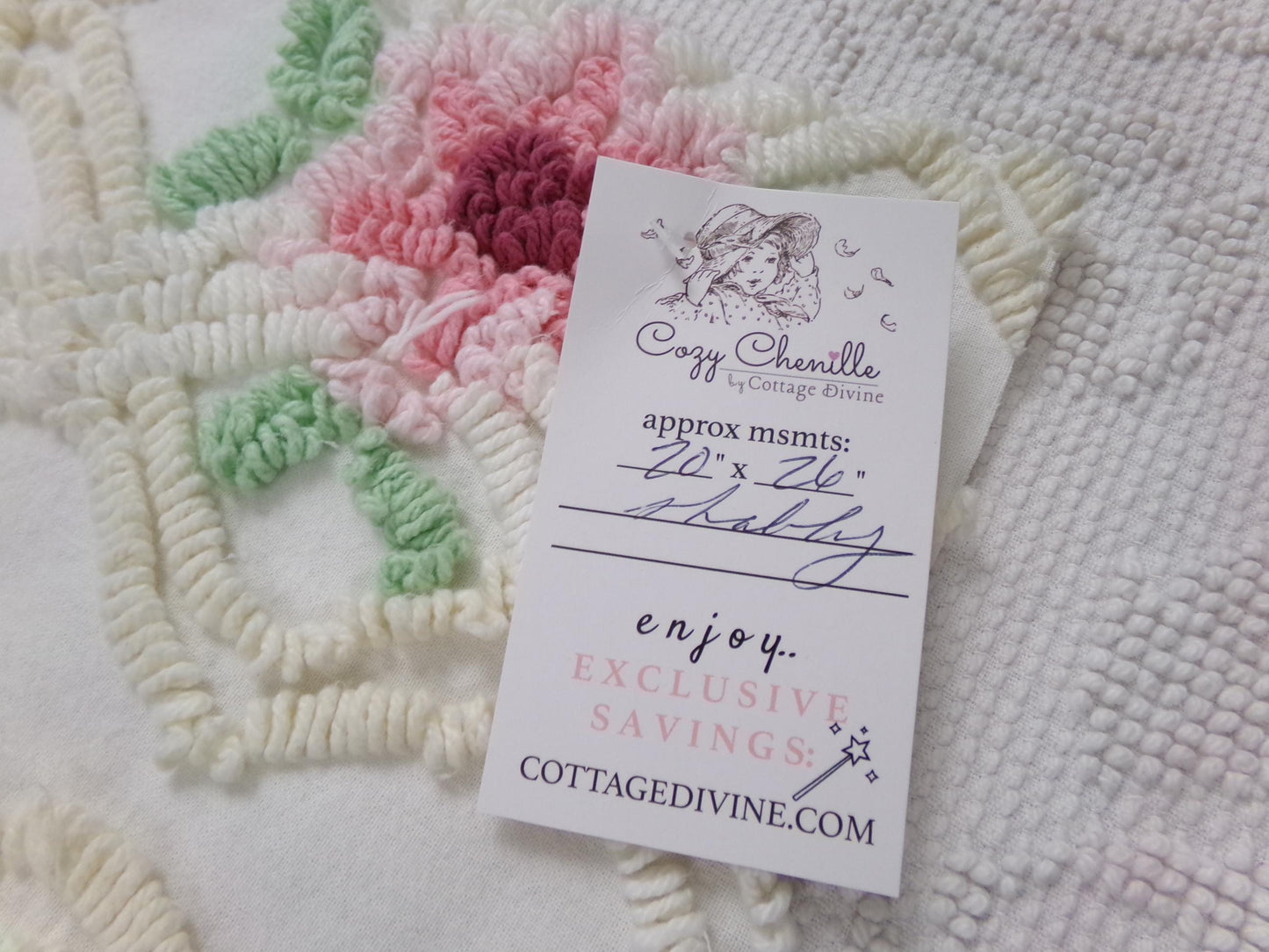 romantic cottage vintage chenille fabric, shabby floral sewing material, 20" x 26" piece