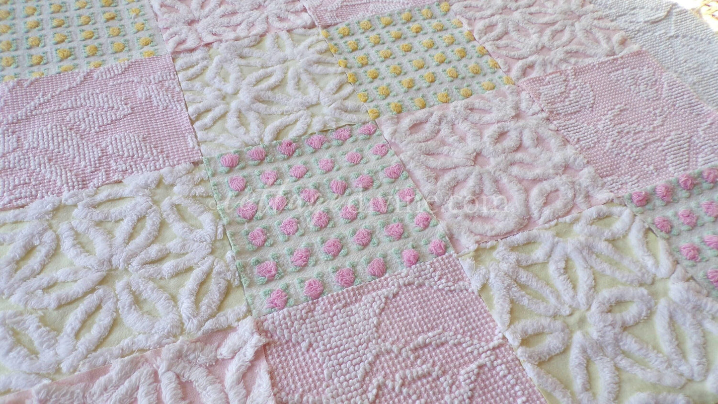 Chenille Fabric Squares Set, "Spring is in the Air", from Vintage Bedspread Fabrics, 16 Quilt Blocks, 6" inch, Cottage Pink, Yellow & White