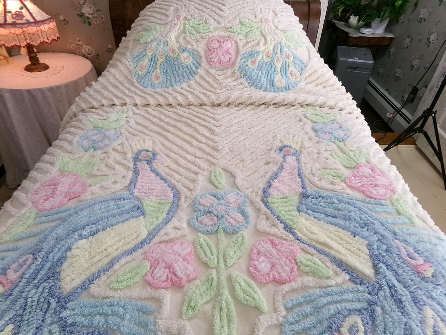 Pastel Peacock Vintage Chenille Bedspread, Boho Creamy Cotton Full Size