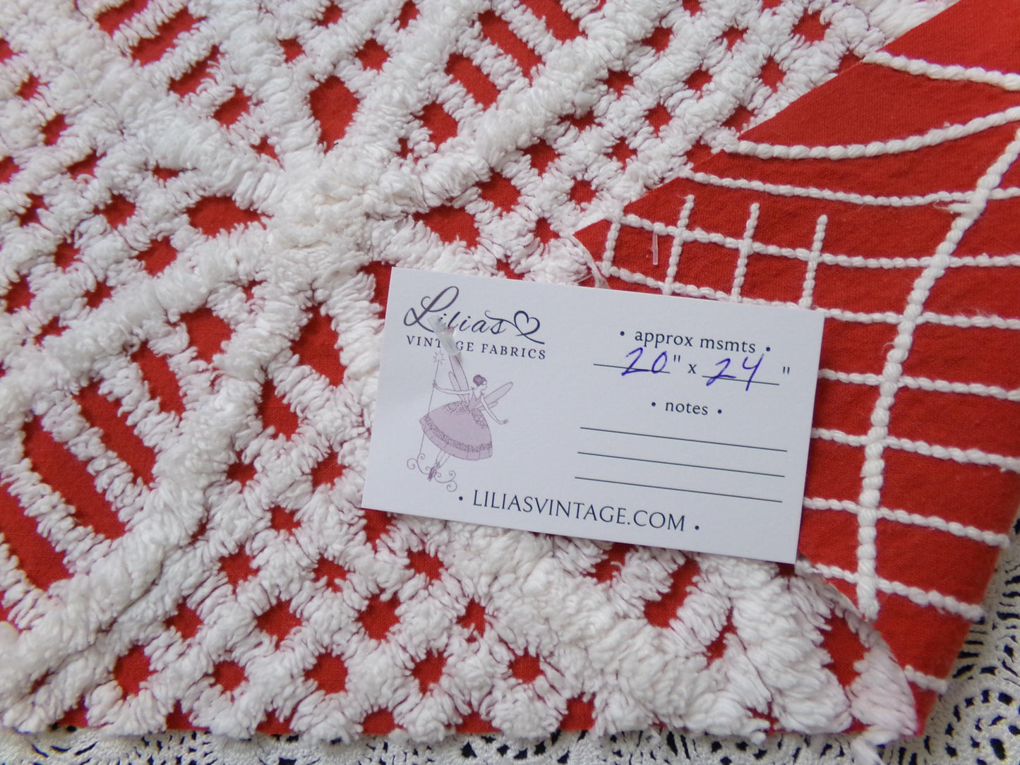 red & white vintage chenille fabric, geometric design 20" x 24" piece quilt material