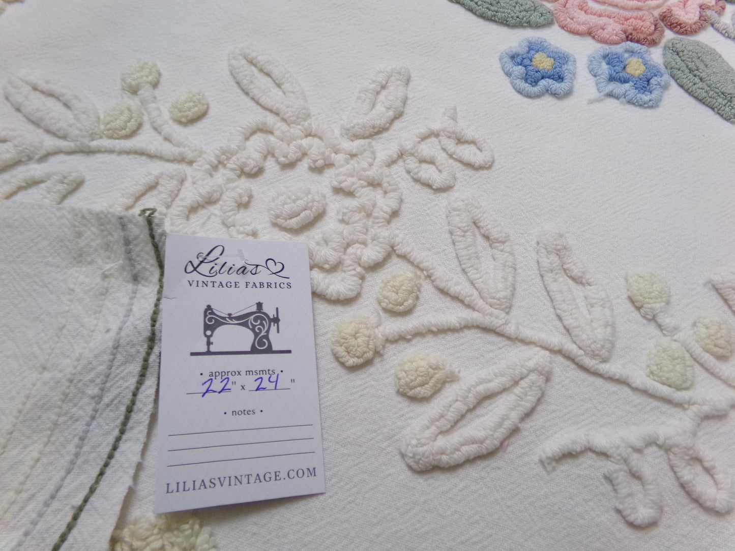 Solitary Rose Vintage Chenille Bedspread Fabric, Shabby Sweet Sewing Material, 22" x 24"