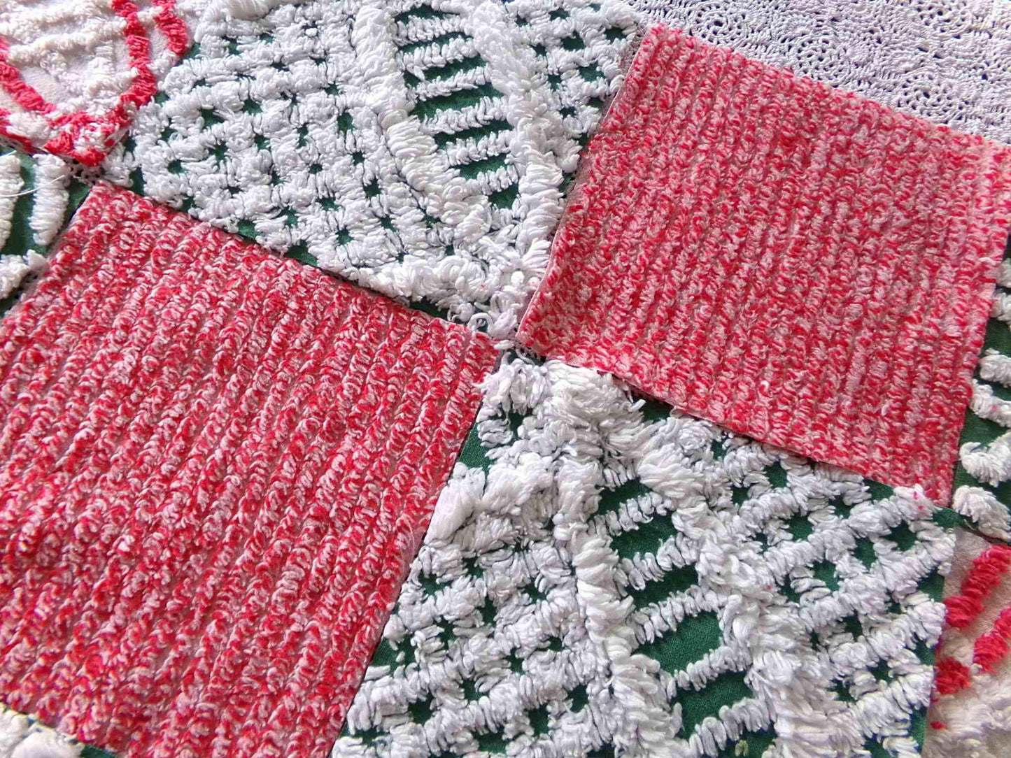 Vintage ChristmasChenille Fabric Squares, Set of 17 Festive Red, White & Green 6" Cotton Quilt Blocks