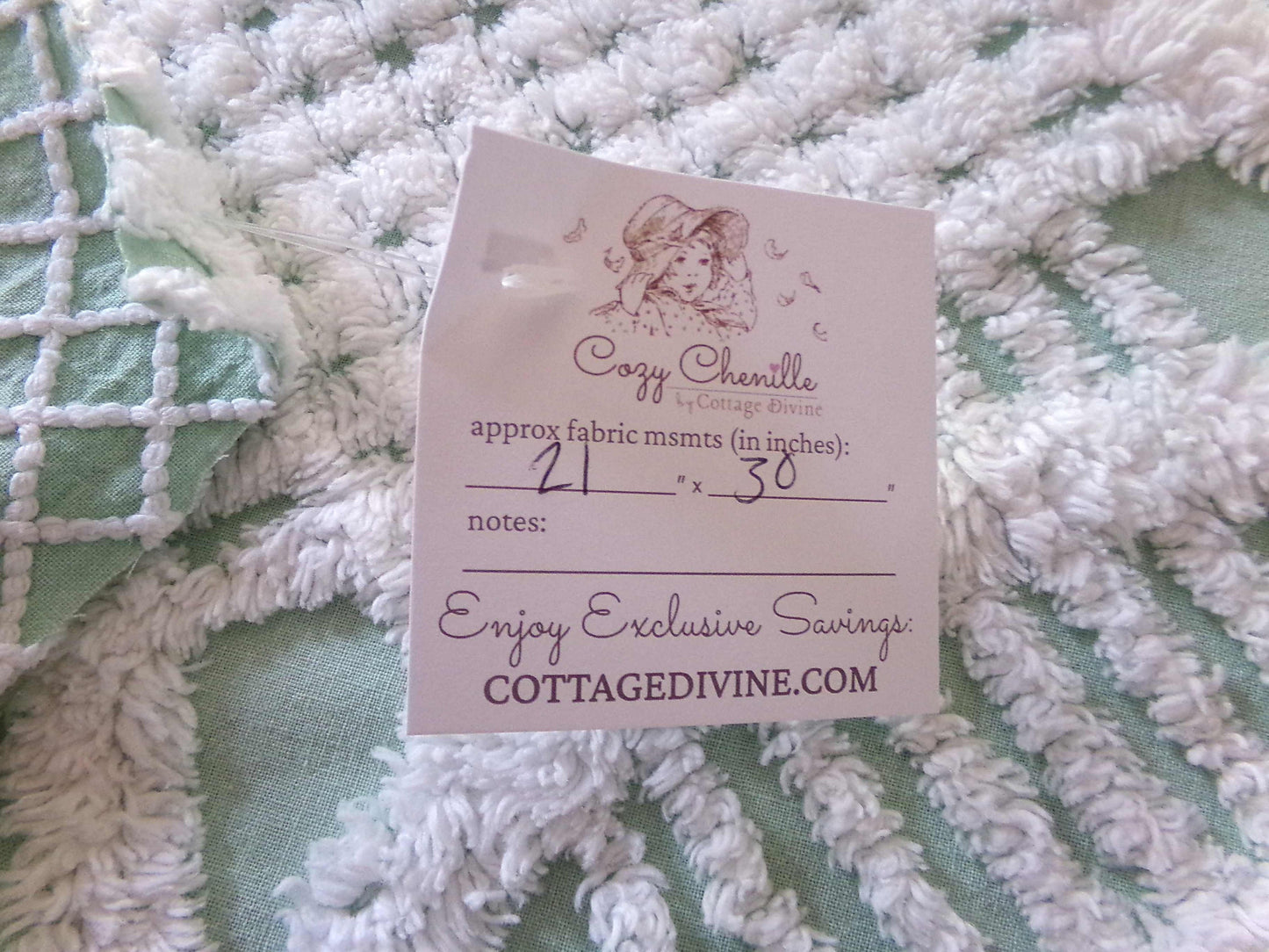 Mint Green Vintage Chenille Quilt Fabric, 21" x 30" inch Piece, White Geometric Wedding Ring Pattern