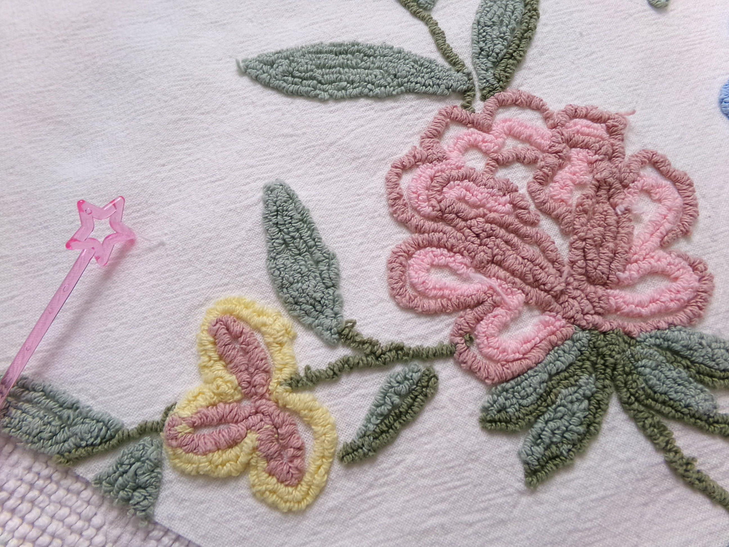 Boho Wildflowers Vintage Chenille Fabric, Natural Vining Rose Florals, 20" x 22" piece