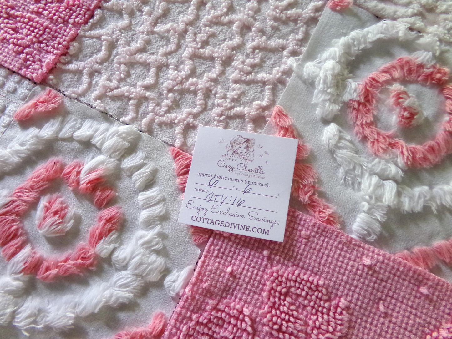cottage pink & white chenille fabric squares, 16 pretty vintage 6" quilt blocks in girly colors, daisies, dots, squiggle textures