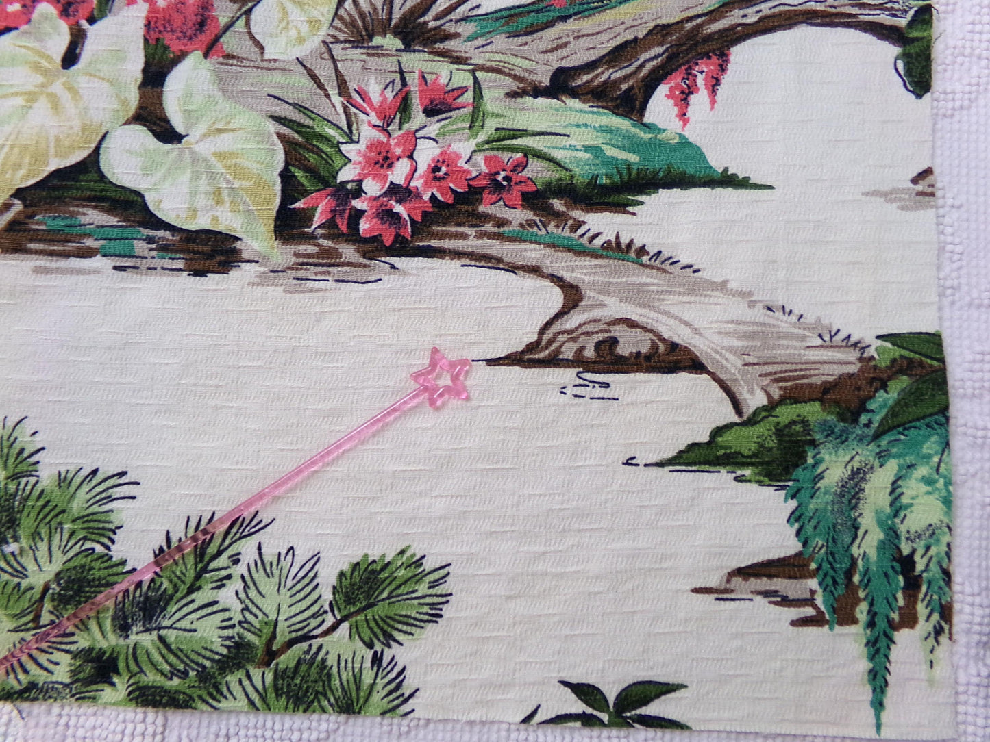 Polynesian Paradise Vintage Barkcloth Fabric Panel Shabby Tropical Garden Fantasy 23" x 28"