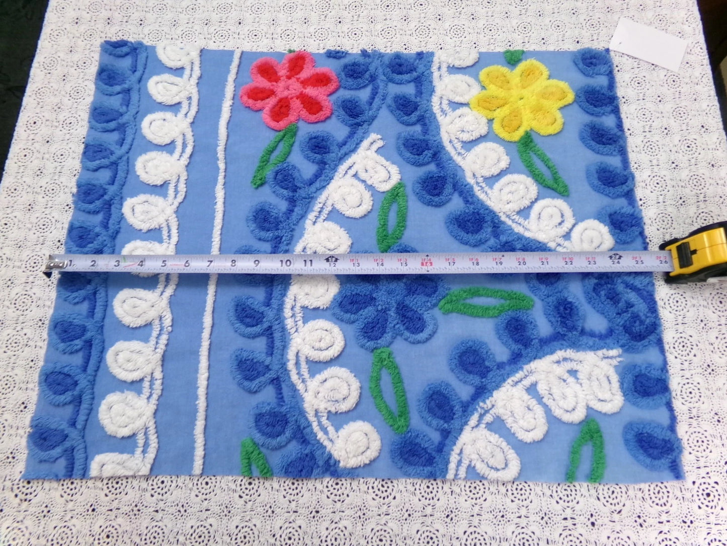 Colorful Blue Vtg Chenille Bedspread Fabric 19x24" Pc Floral Sewing Material