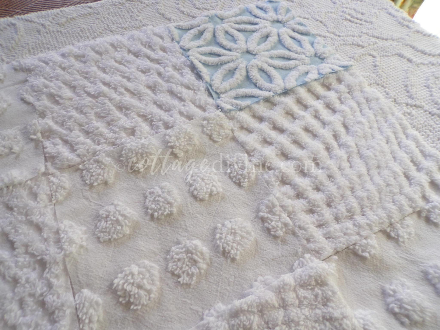 16 vintage chenille fabric squares: breezy blue & white 6" quilt blocks