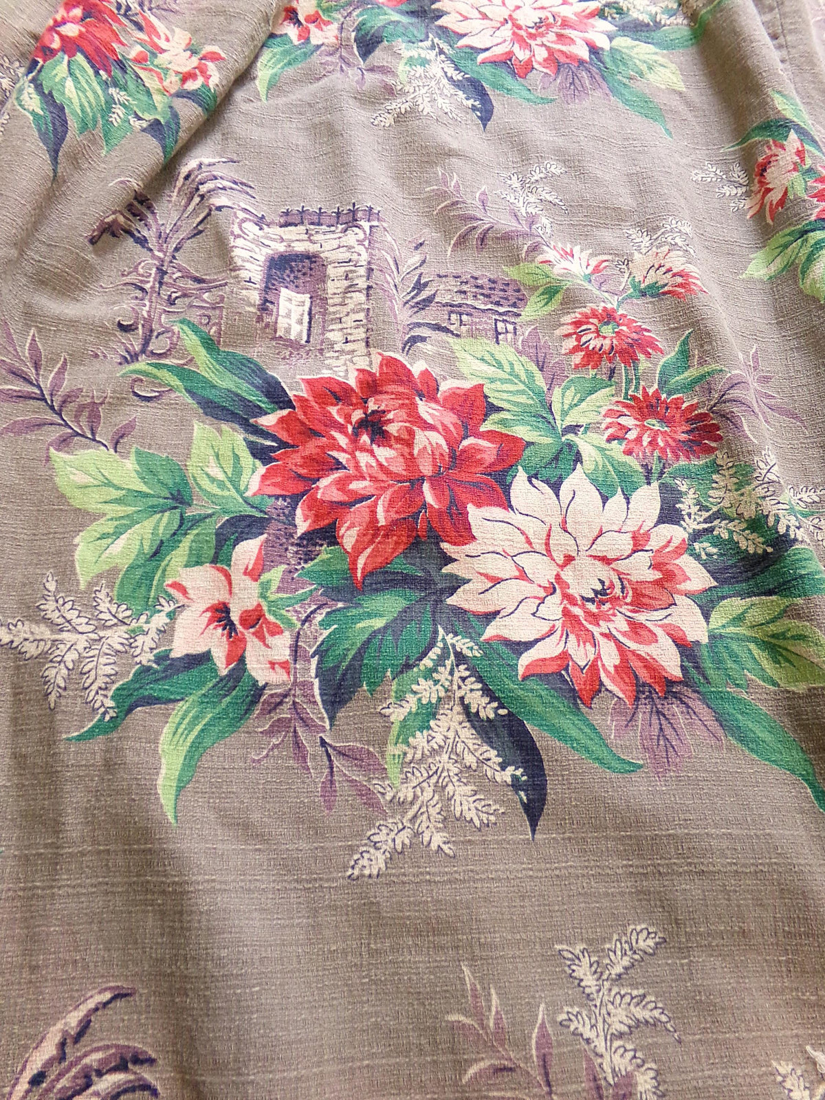 Vintage Barkcloth Drape Panel, SINGLE Wide Window Curtain, Hidden Garden Fabric, 59"L Pinch Pleat #1
