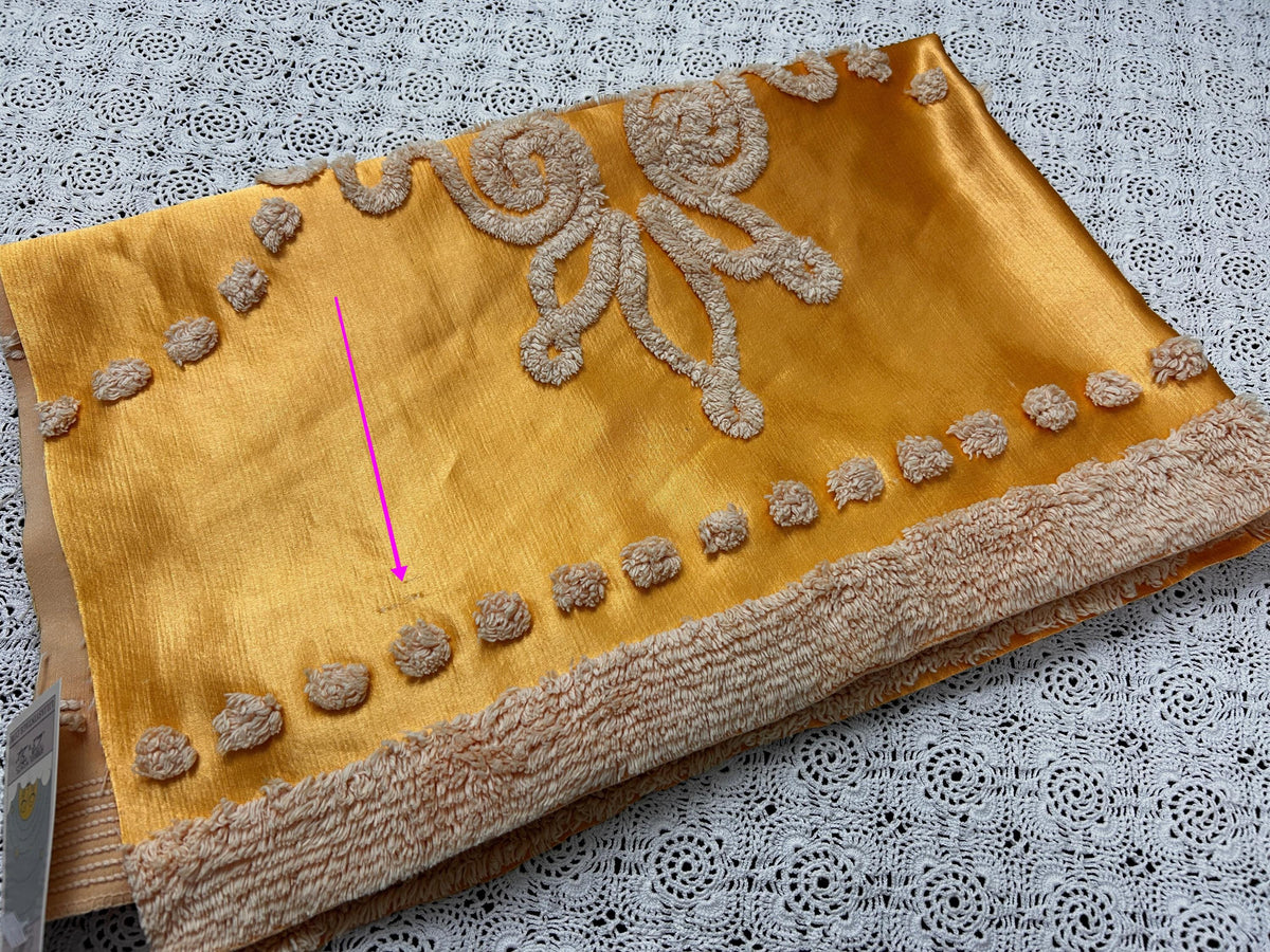 Vintage Gold Satin Fabric, Scroll Tufted Chenille Crowns 23x36" Piece