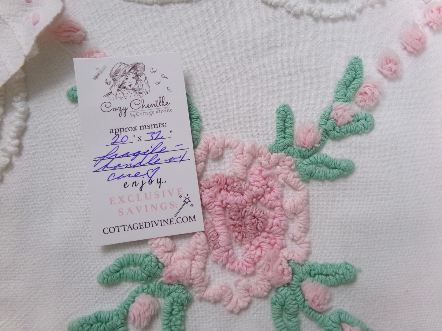 Shabby Wildflowers Vintage Chenille Fabric, pink rose floral sewing material, 20" x 32"