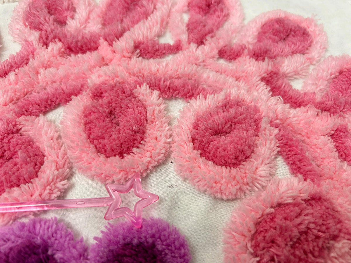 Pink Heart Vintage Chenille Fabric, Large Tufted Rainbow Floral 24x29" Piece