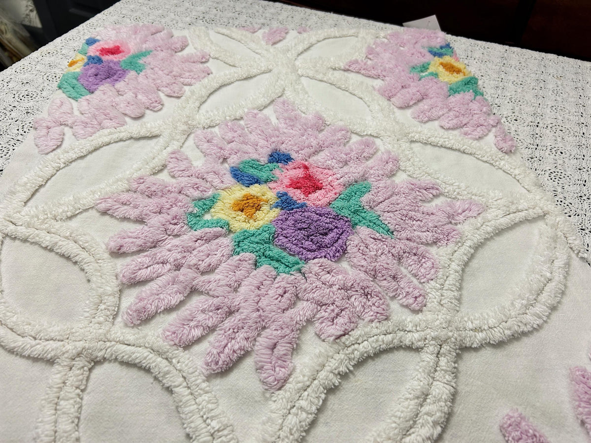 Vintage Chenille Fabric, Lavender Pink Floral Tufted 18x26" Craft Piece