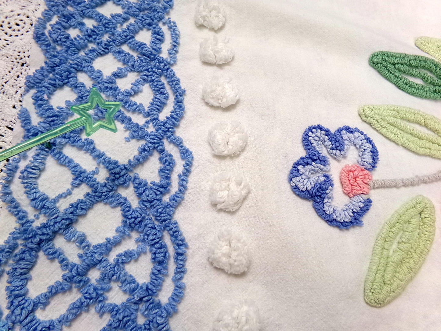 shabby chic vintage chenille bedspread fabric 17.5x24" blue white floral