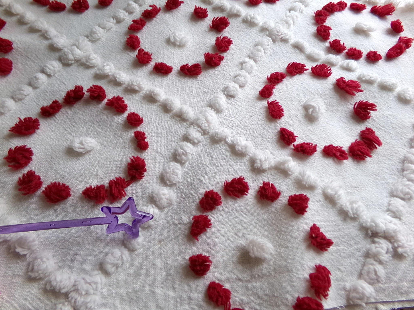 vintage chenille bedspread fabric, upcycle sewing quilt material ruby red circles & white diamonds, 20" x 25"