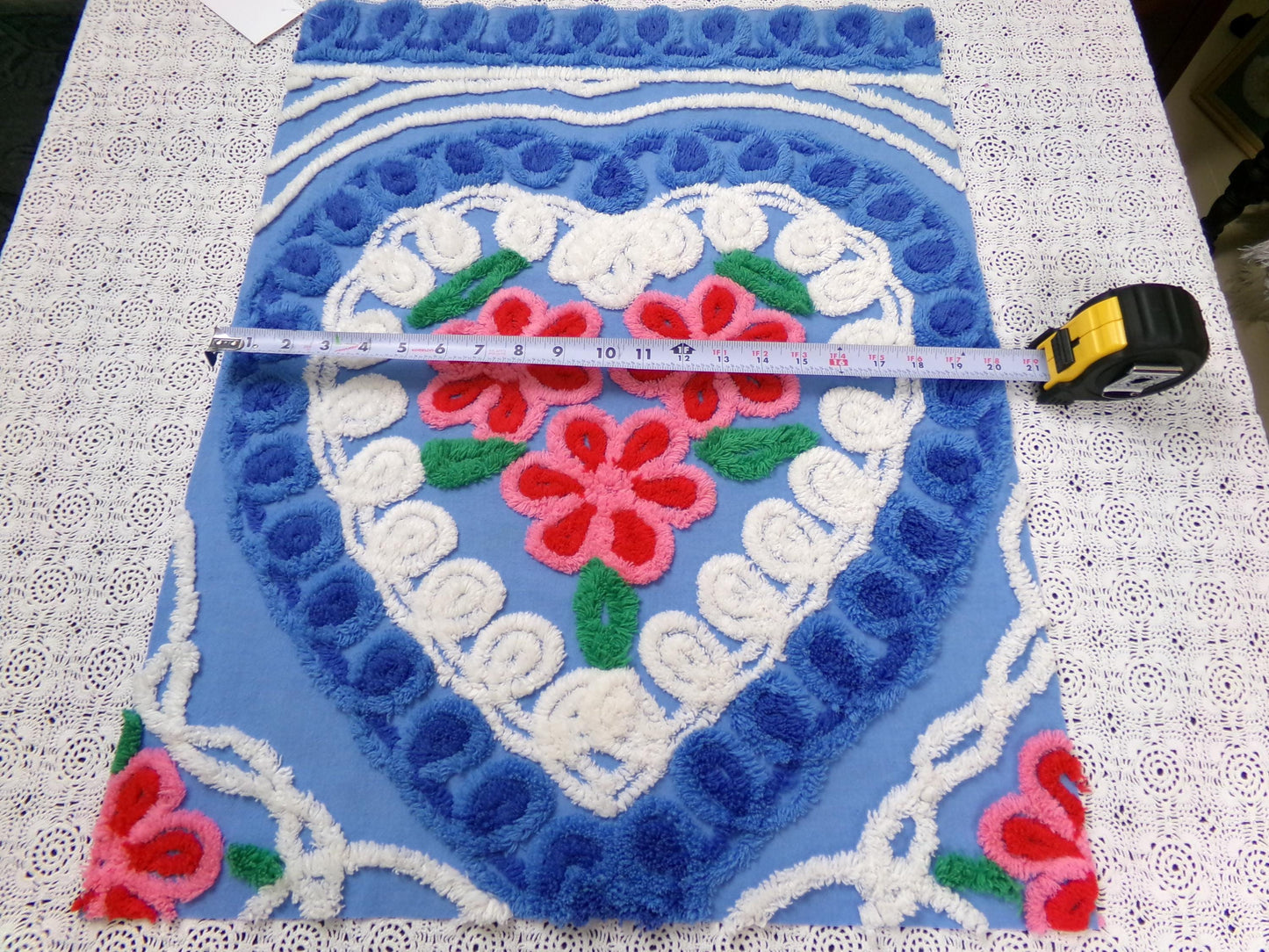 American Spirit Vintage Chenille Fabric Blue Floral Heart Scroll 19x24"