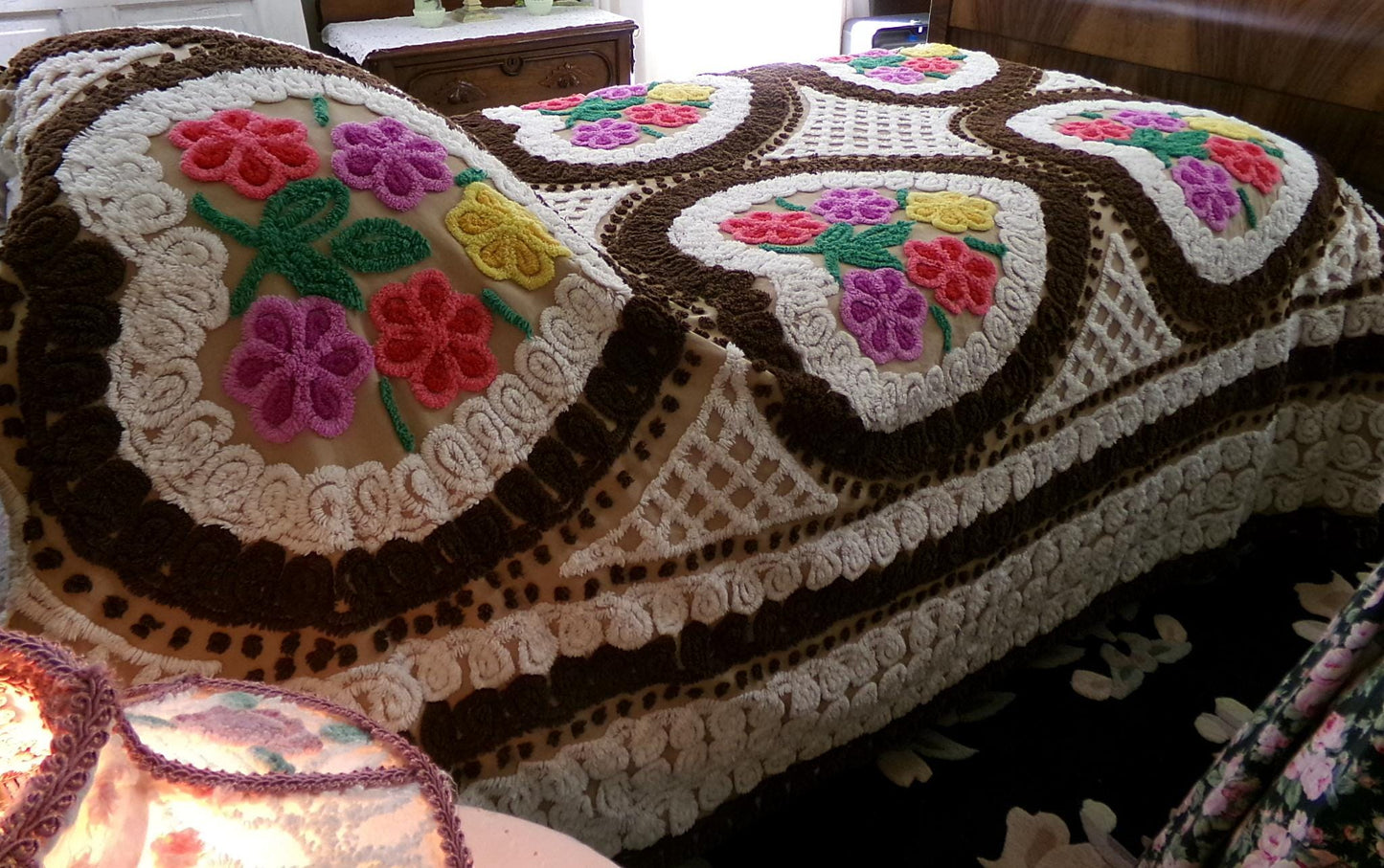 Vintage Chenille Bedspread, Rainbow Hearts Chocolate Brown, Full Size