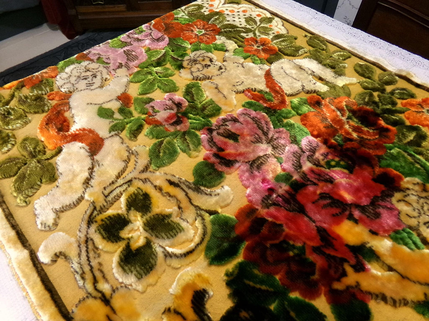 Vintage Cut Velvet Shadowy Cherub Floral Tapestry Panel Fringed Angel Wall Hanging or Rug 26"x46"