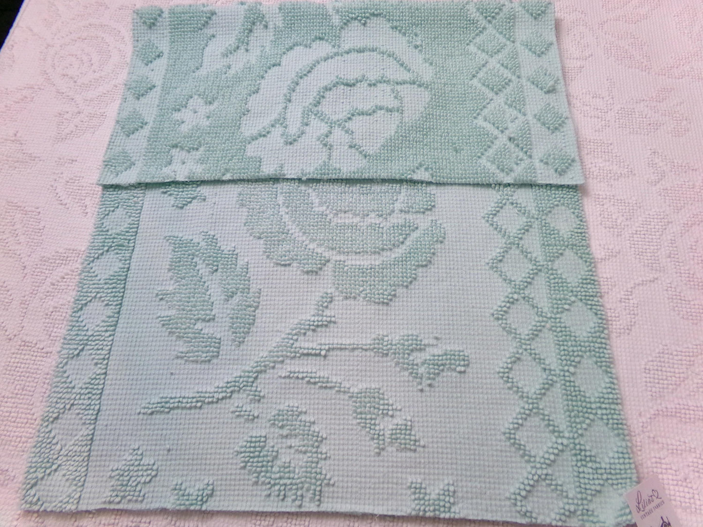 Vintage Hobnail Chenille Fabric Reversible Rose Aqua Ghost Shadow Shabby Mood 17"x27"
