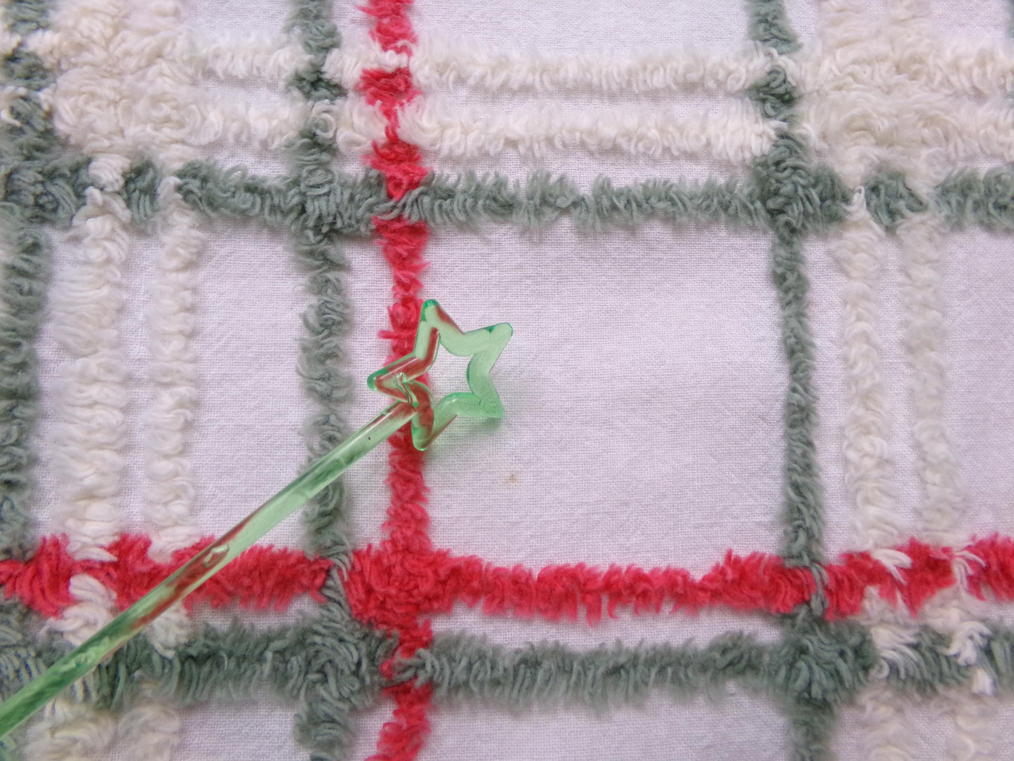 Vintage Chenille Fabric, Rustic Christmas Plaid in Muted Red, Green & Cream, Nice for Shabby Chic Holiday Quilts, 22" x 25" Cut Piece