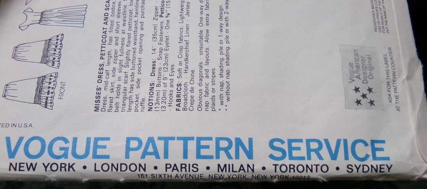Vintage Vogue 2947 Pattern Ralph Lauren Dress Petticoat Scarf New Uncut Misses Sz 8