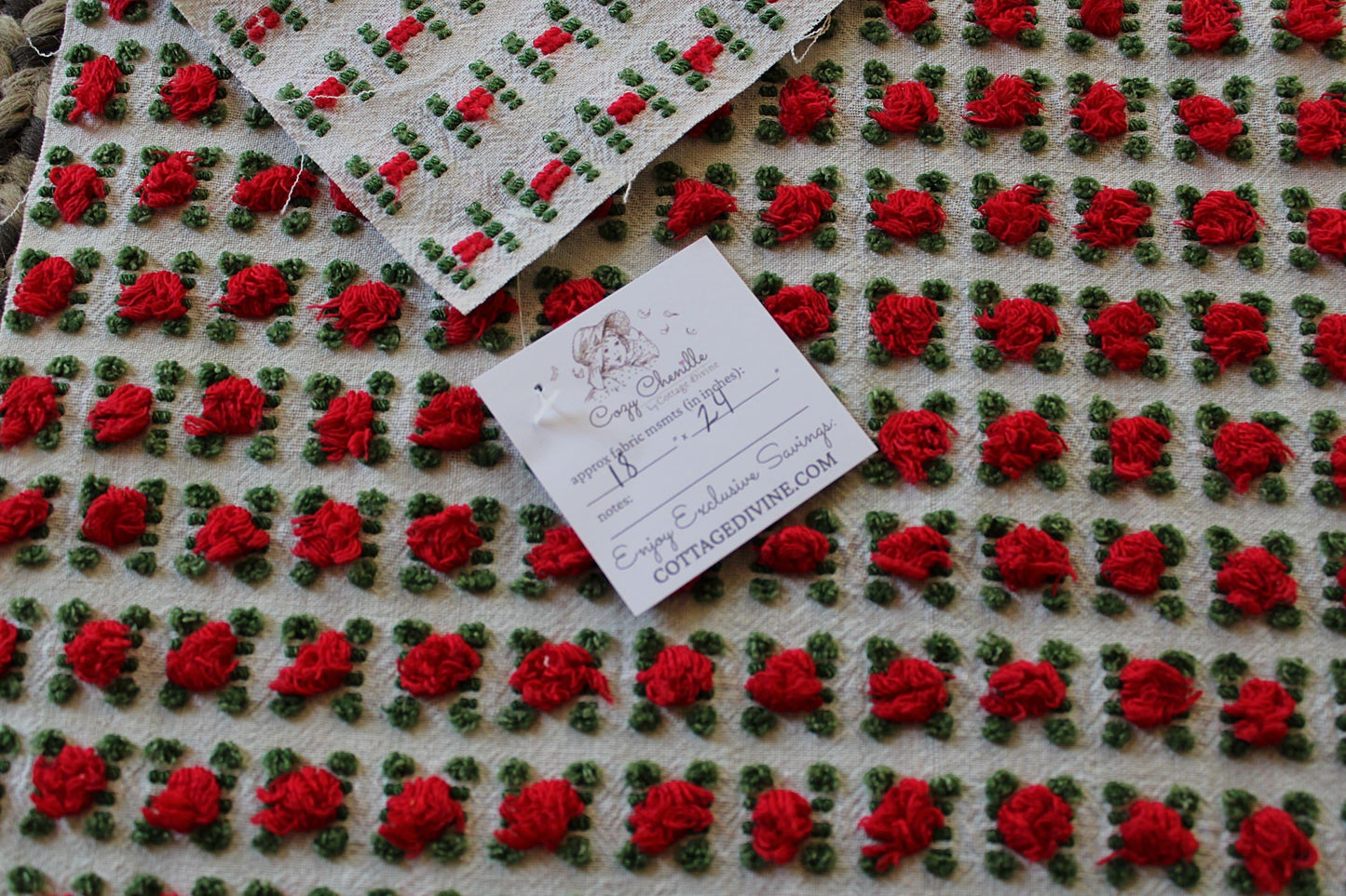 Red Rosebud Vintage Chenille Fabric, Morgan Jones Roses, 18" x 24" inch Piece