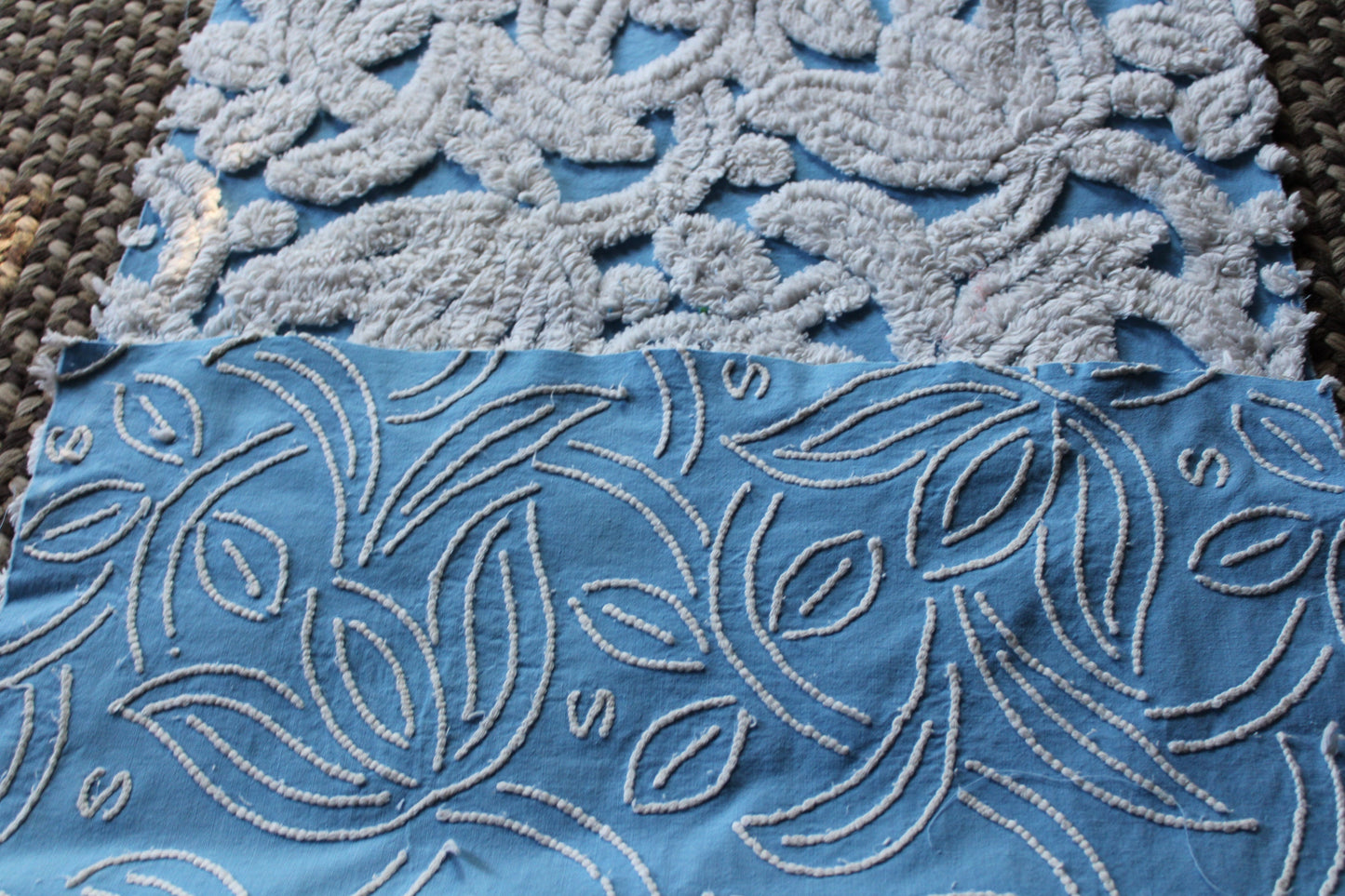 Plush Tufted Tulips Vintage Chenille Fabric, Sky Blue & White, 20" x 31" Inch Piece, Beautiful in Quilts, Pillows