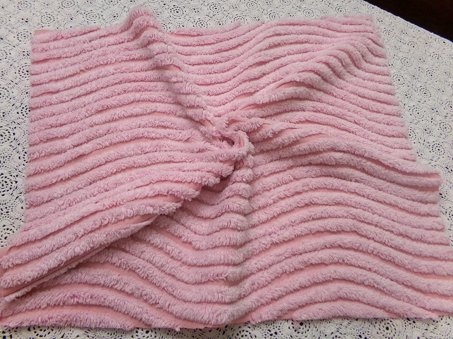 cotton candy pink vintage chenille bedspread fabric ultra plush ripple tufts 19" x 22"