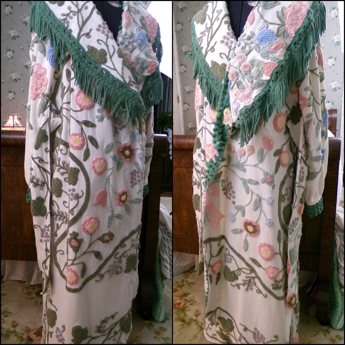 Shabby Distressed Vintage Chenille Robe, Victorian Style Costume Women's Bathrobe, M/L