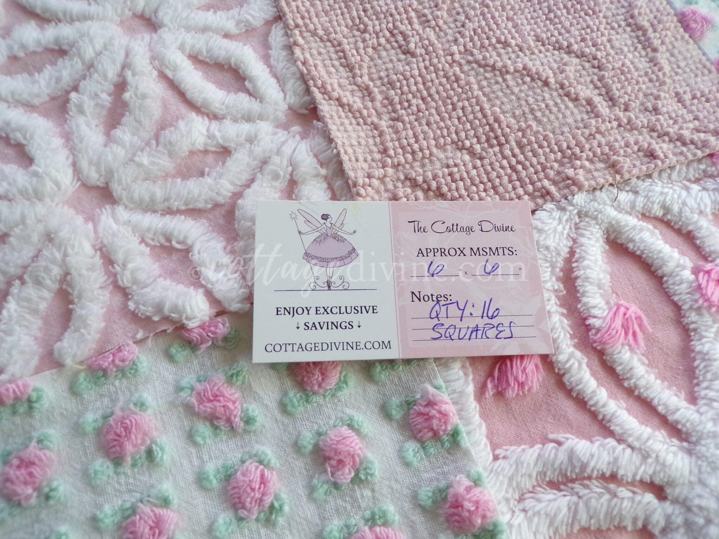 angel pink vintage chenille fabric squares, rosebuds, daisy patterns, set of 16 quilt blocks, 6" x 6" each, pretty in patchwork pillows