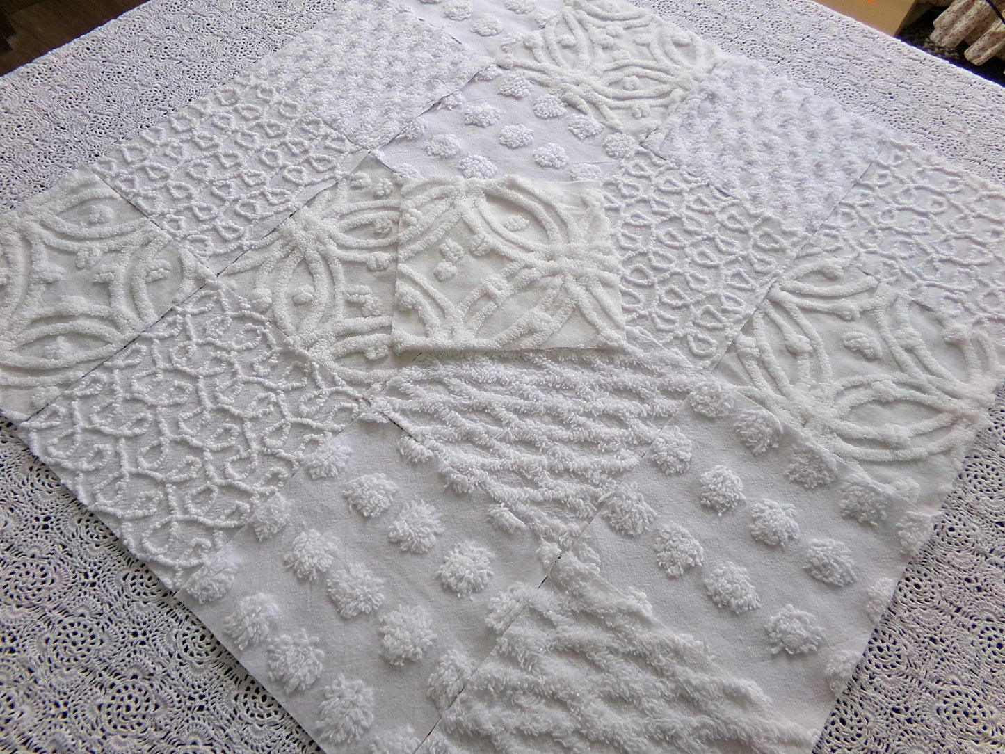 Weathered Whites Vintage Chenille Fabric Squares, 17 Blocks, 6" x 6" inch, Neutral Shades of Classic White