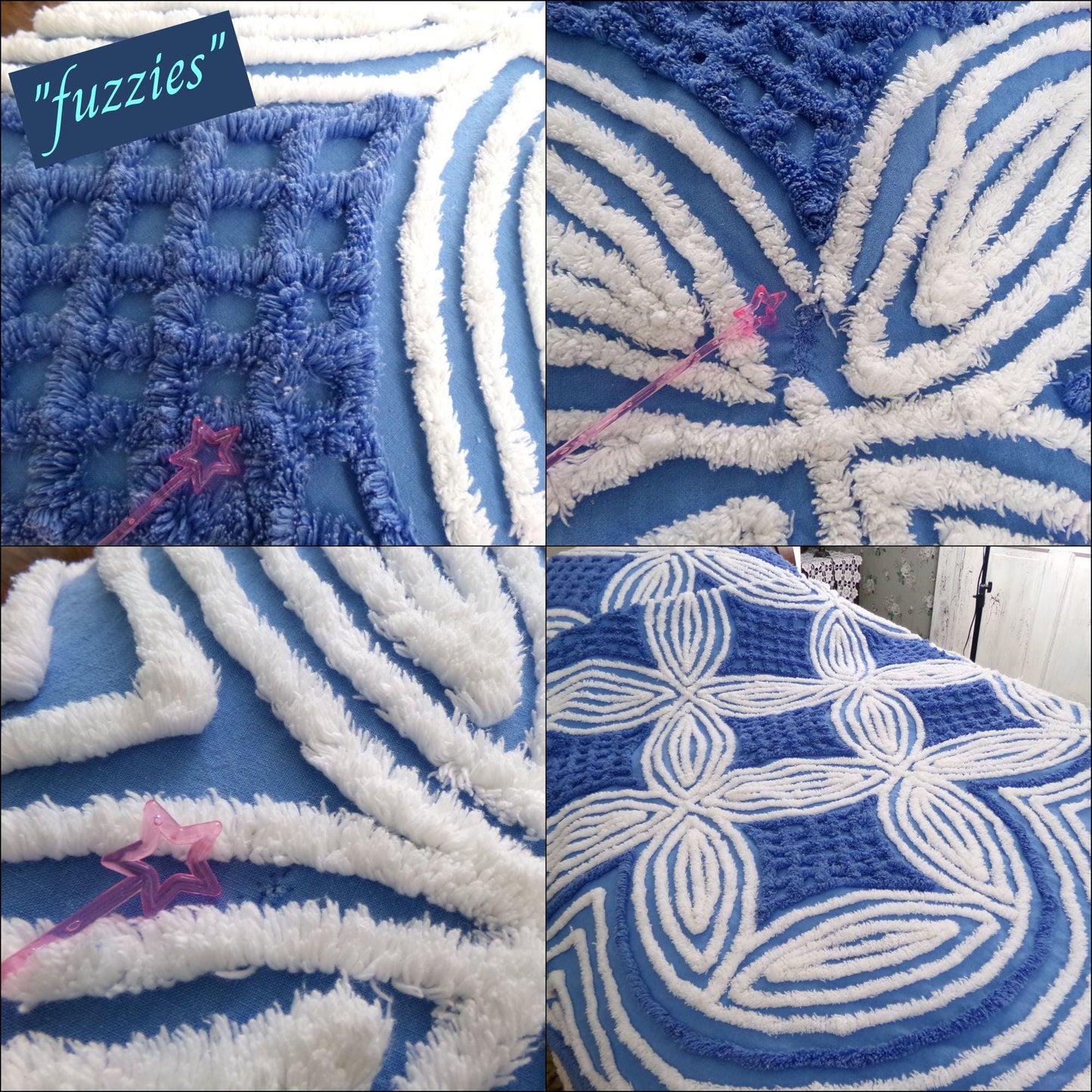 coastal style vintage chenille bedding, full size cotton bedspread in dramatic blue & white wedding ring design