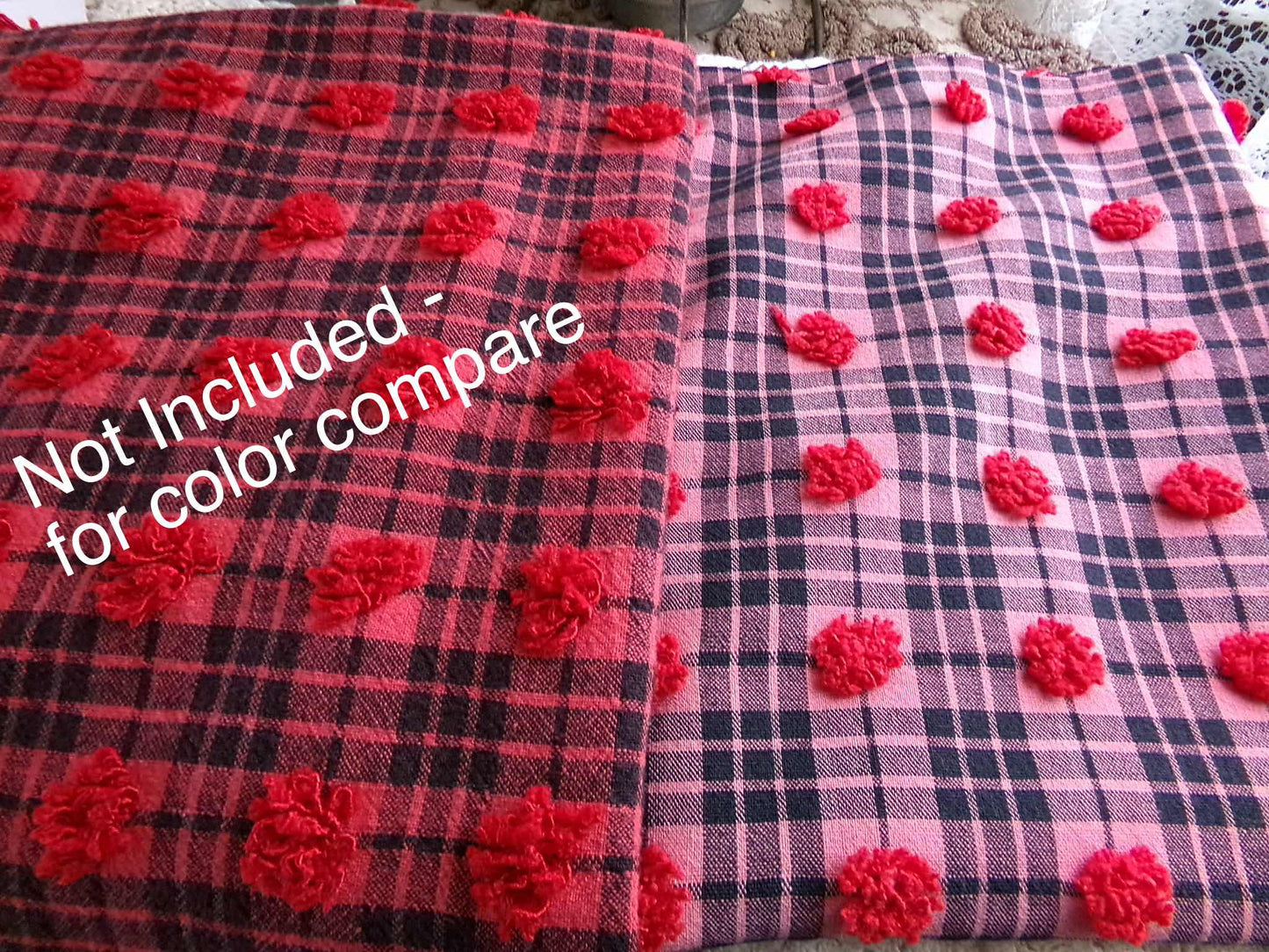 Black Tartan Plaid Vintage Chenille Bedspread Fabric, Texturized Red Dots, 19" x 26" inch Piece, Lightweight Sewing Material