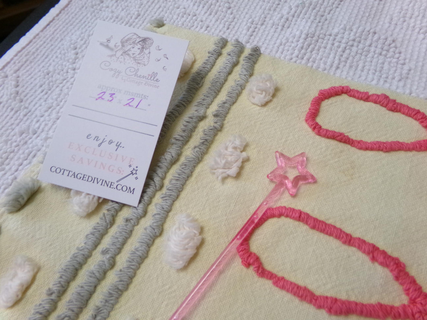 doodle dots vintage chenille bedspread fabric, yellow & red quilt sewing material, 23" x 21" piece