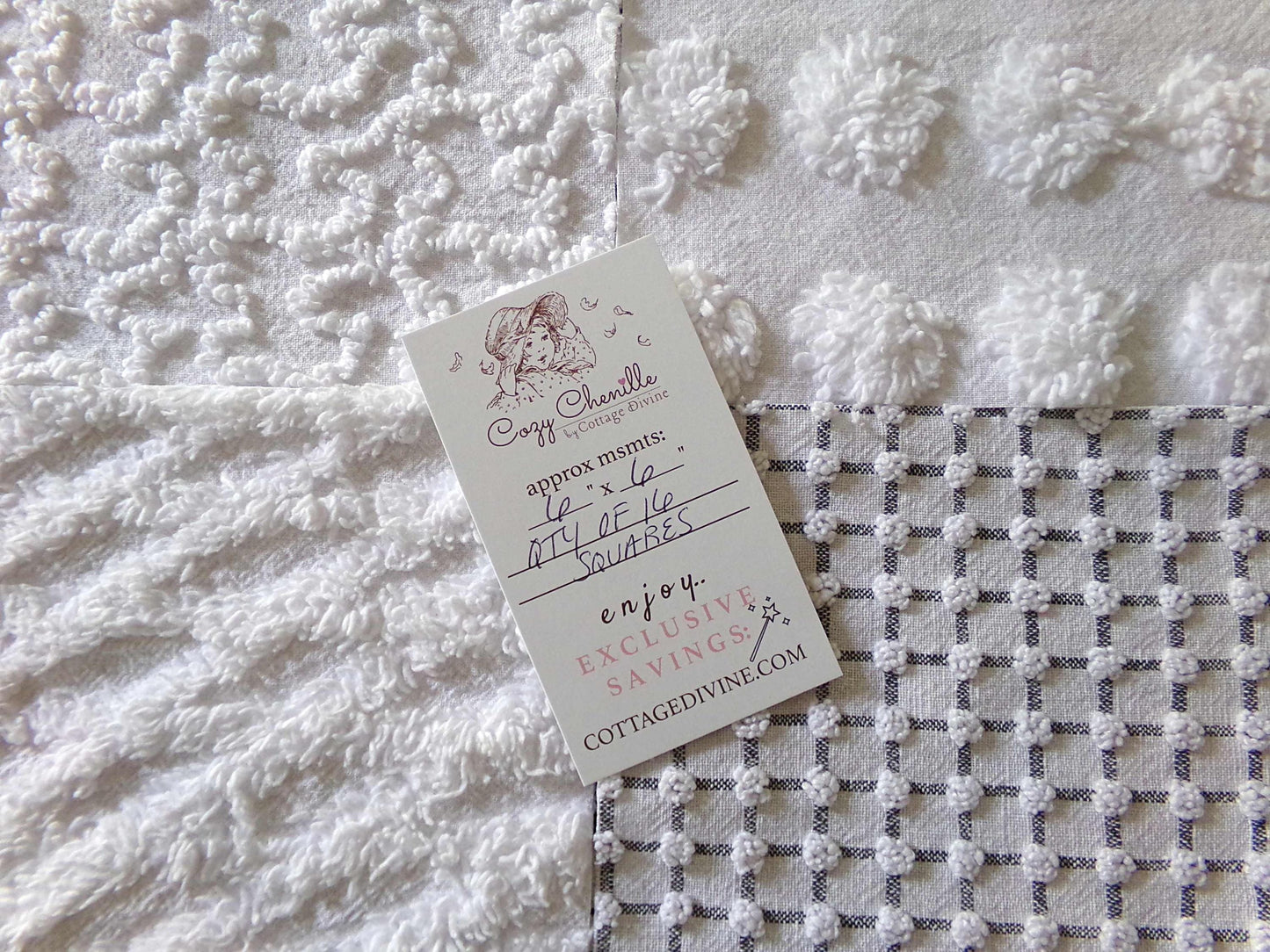 Snowstorm White Vintage Chenille Fabric Squares, Diamond Ice, Coin Pop, Squiggle & Micro Grid, Set of 16 Quilt Blocks, 6" x 6" inch each
