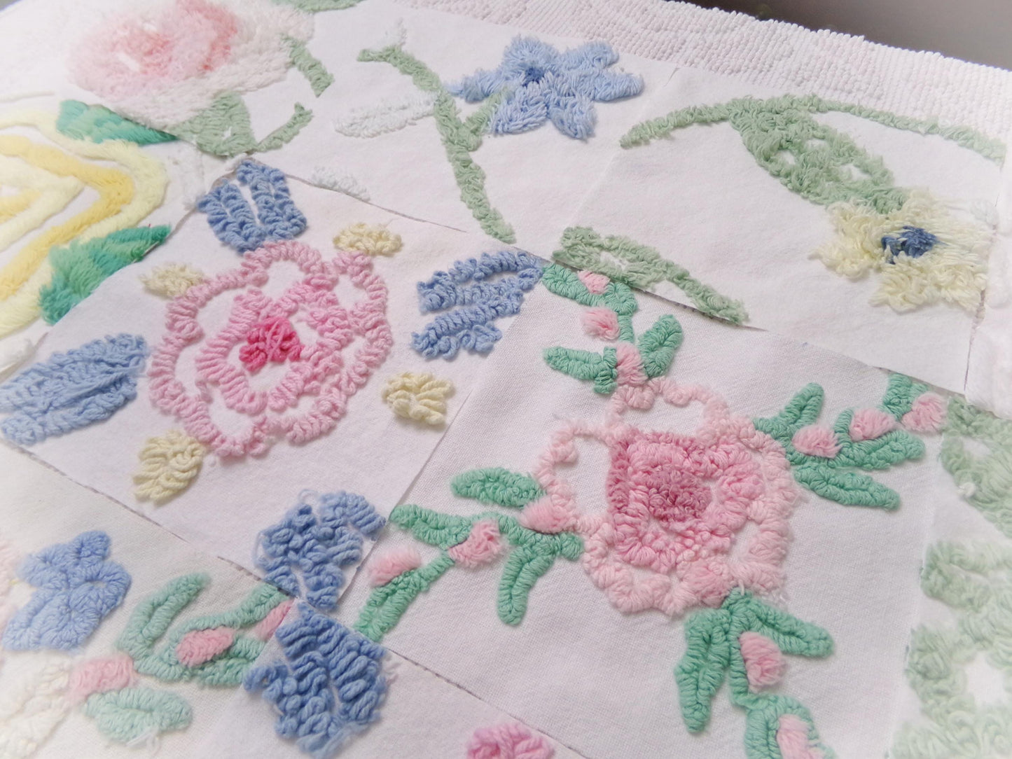Vintage Chenille Fabric Squares Set of 16 Summer Wildflowers Floral Coordinating Quilt Blocks 6x6"