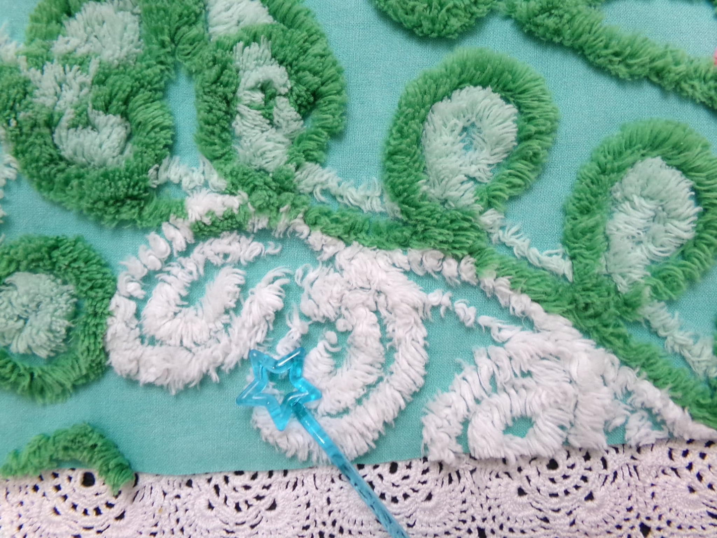 Vintage Green Chenille Fabric, Floral Swirl Design, 20x25" Piece
