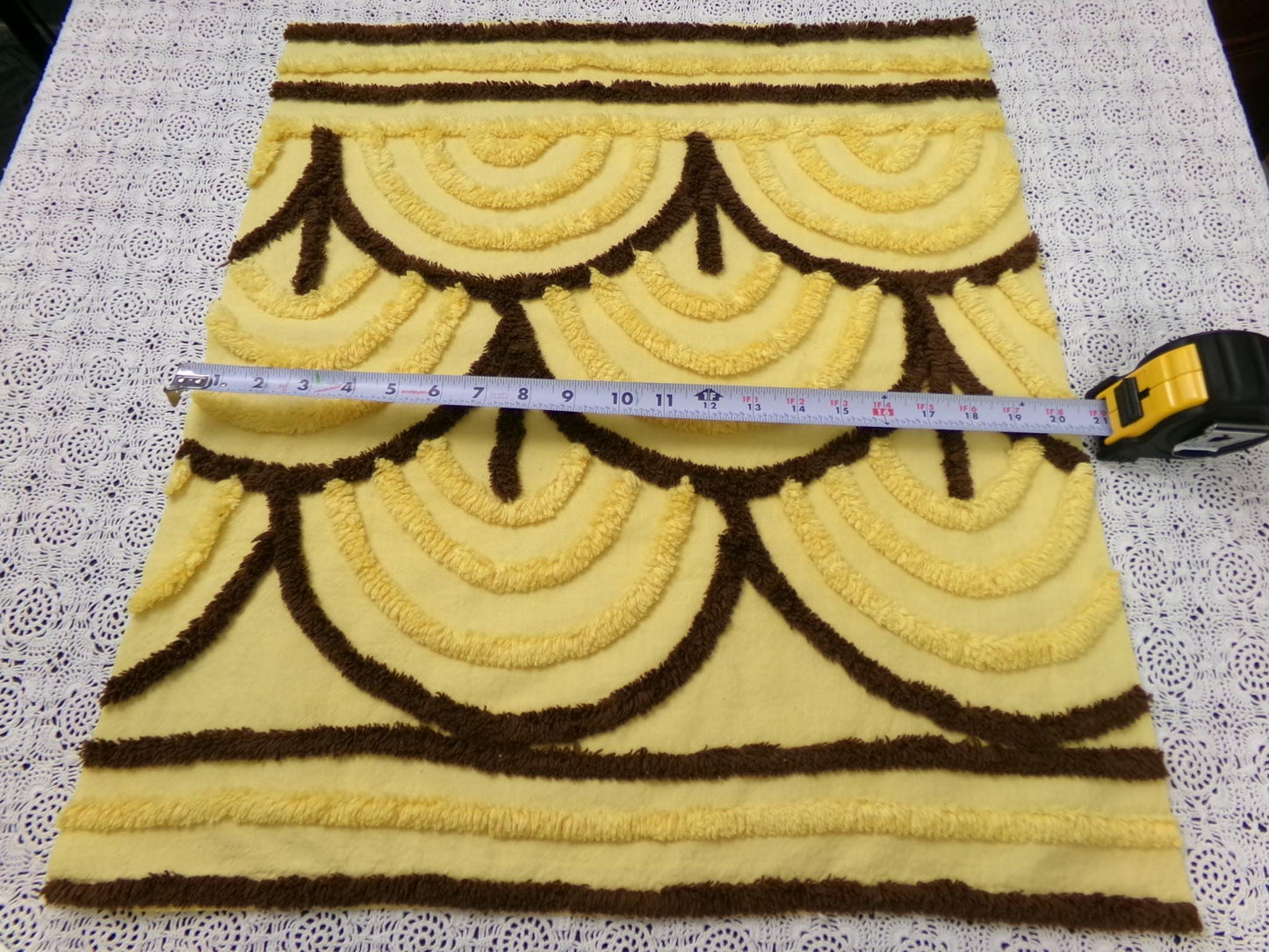 Vintage Chenille Bedspread Fabric Yellow Brown Swag Scallop 18x22.5" Piece Quilt Sewing Material