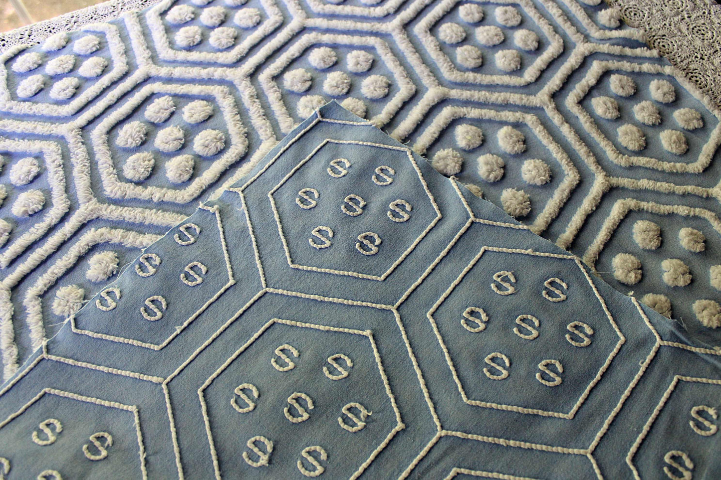 coastal cute vintage blue & white chenille fabric, reversible geometric hexagon dot design, 25" x 29" cut piece of sewing material
