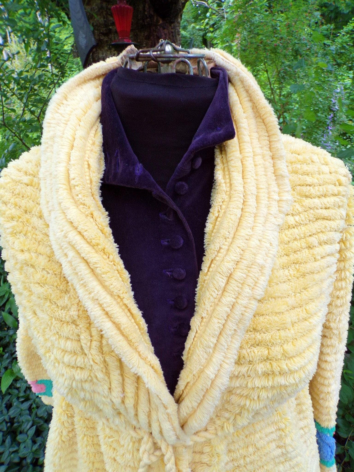 Vintage Chenille Robe Lollipop Flower Yellow Full Length Petite XXS Bathrobe