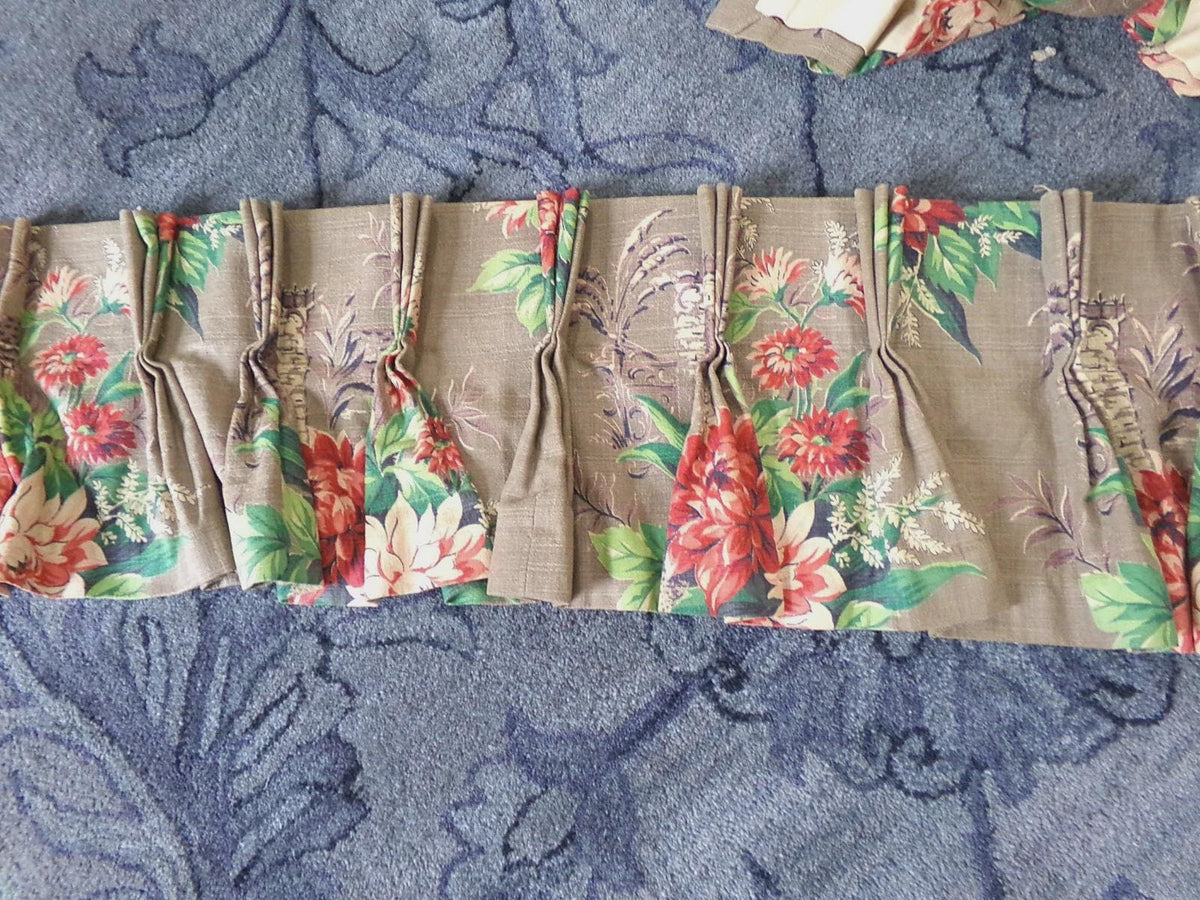 Vintage 1940's Barkcloth Curtain Valance Pinch Pleat Floral 51"L x 11"W