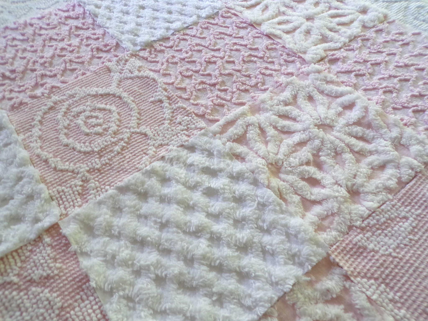 lovely pink & white vintage chenille fabric squares, set of 16 pretty 6" quilt blocks for sewing, crafts, patchwork pillows, quilting