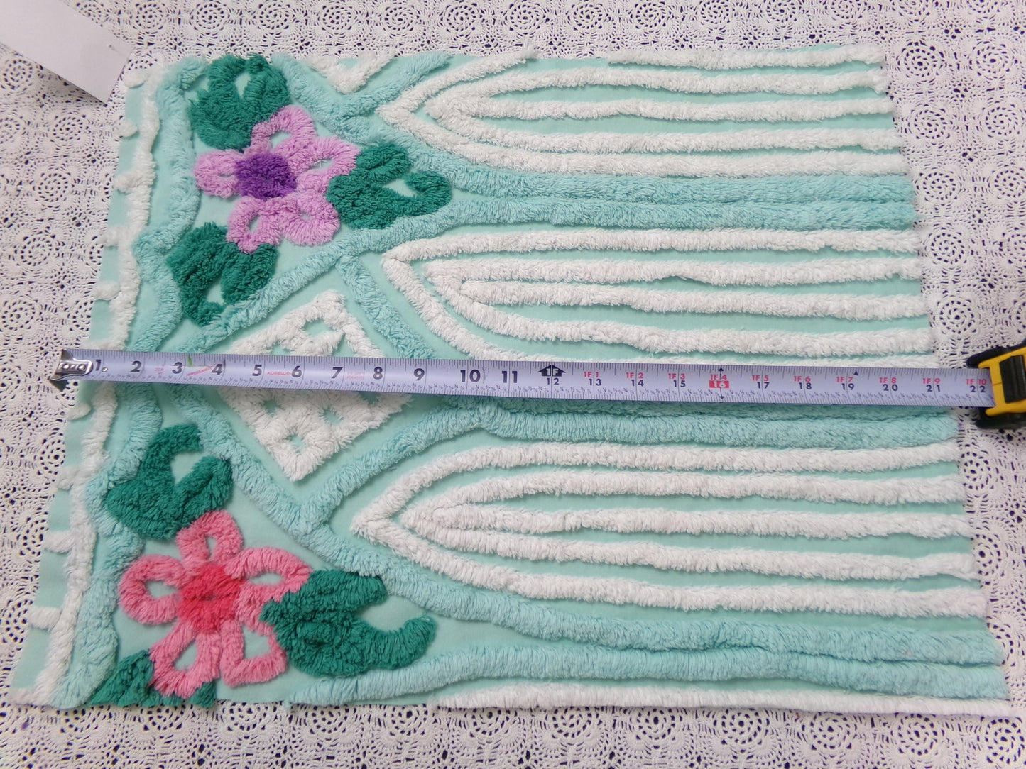 Breezy Fresh Aqua Vintage Chenille Fabric Cathedral Stripe Floral 16x20" Shabby Chic